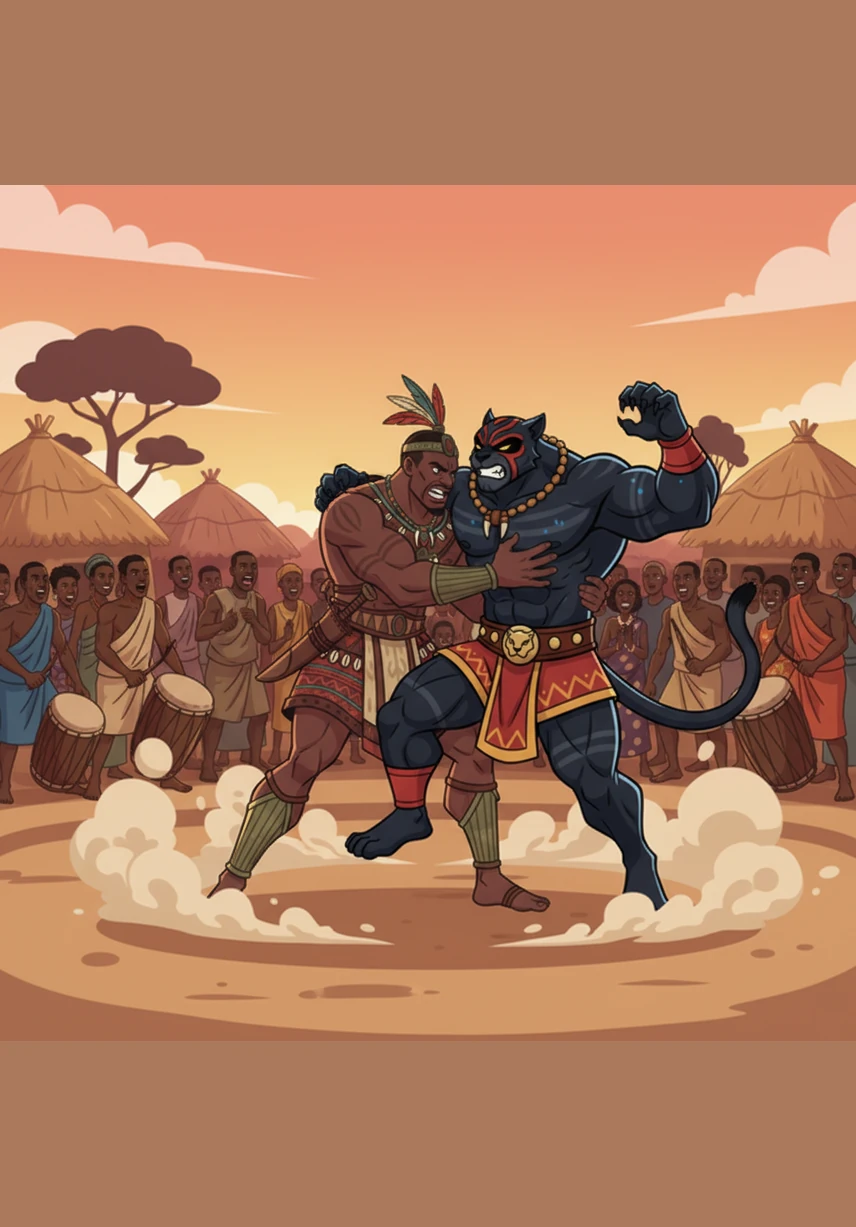 Okonkwo, a powerful young man with muscles like corded ropes, grapples with the legendary wrestler Amalinze the Cat in the village square. Dust rises around them as the drums beat a frantic rhythm, heralding the moment Okonkwo throws his opponent and cements his fame across the nine villages.
