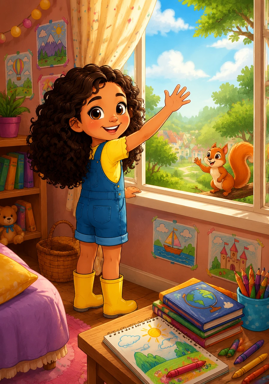 Maria stands by her bedroom window, her dark curls catching the morning sunlight as she waves to the world outside. Her room is filled with colorful drawings and books that hint at her love for adventure and her bright, cheerful personality.