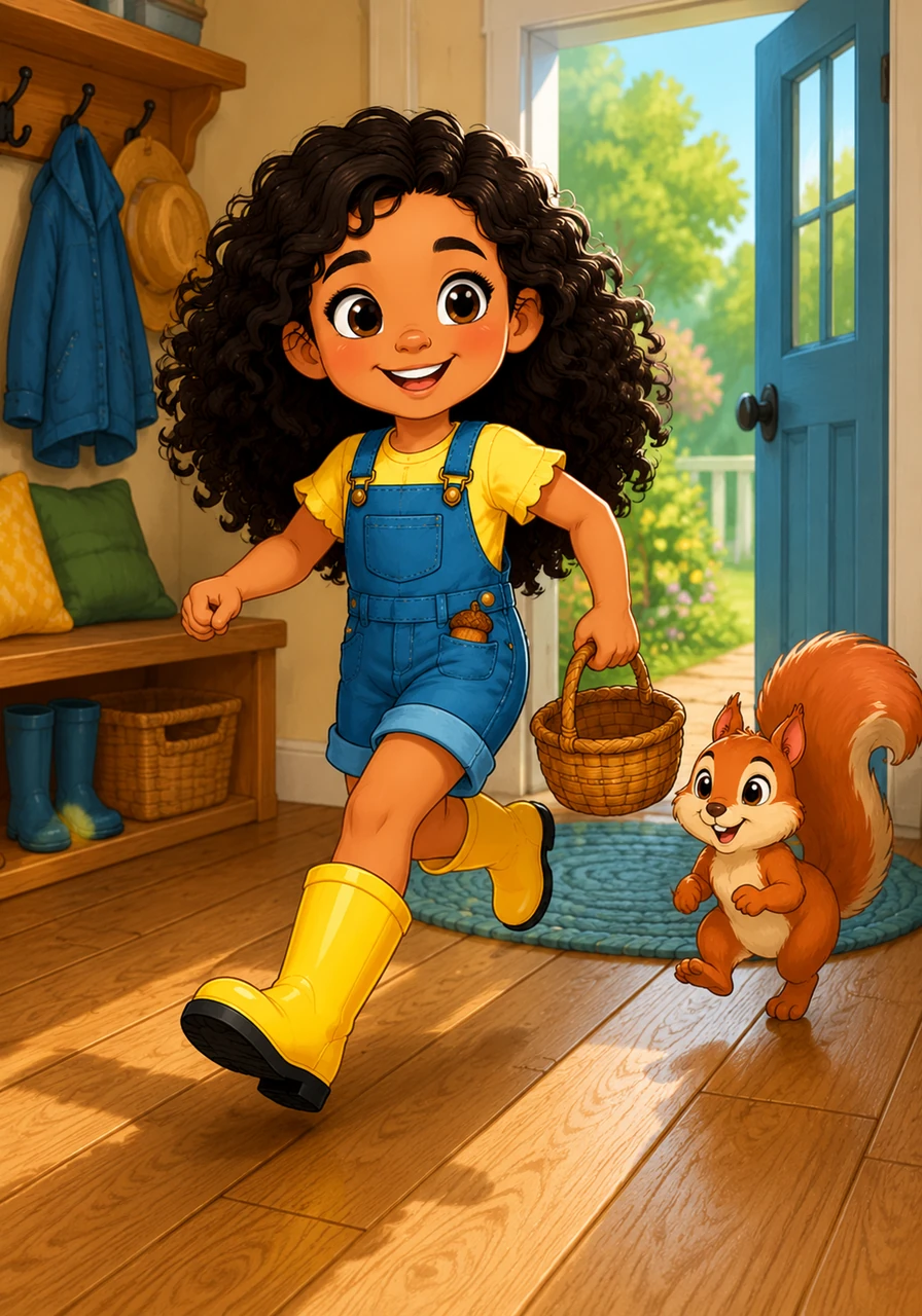 She pulls on her favorite bright yellow rain boots and grabs a small woven basket, ready to see what the day has in store. The wooden floorboards creak softly under her feet as she skips toward the back door with a skip in her step.