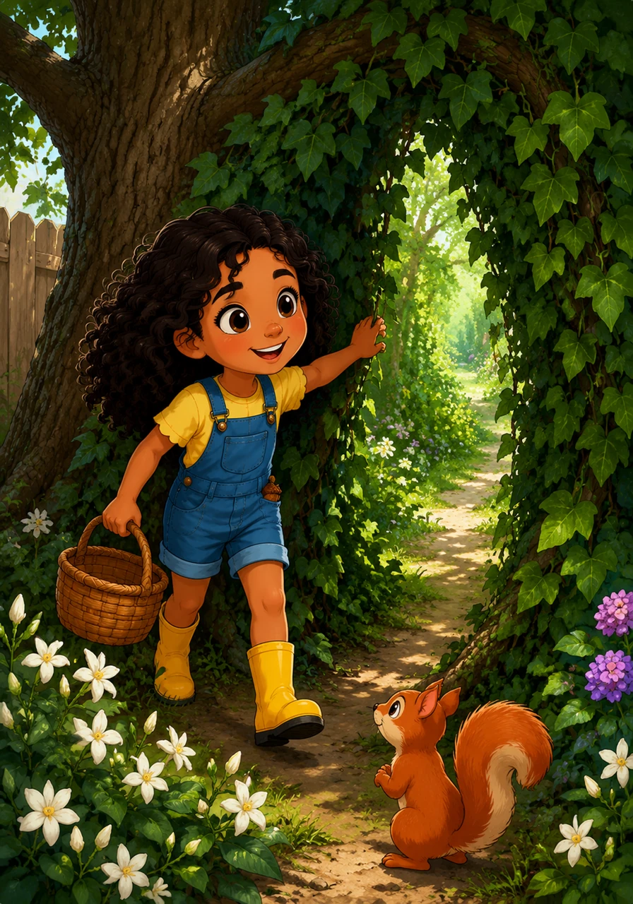 In the backyard, Maria pushes aside the heavy ivy hanging from the old oak tree, revealing a secret path she has never noticed before. The air smells of damp earth and sweet jasmine as she takes her first brave step into the unknown greenery.
