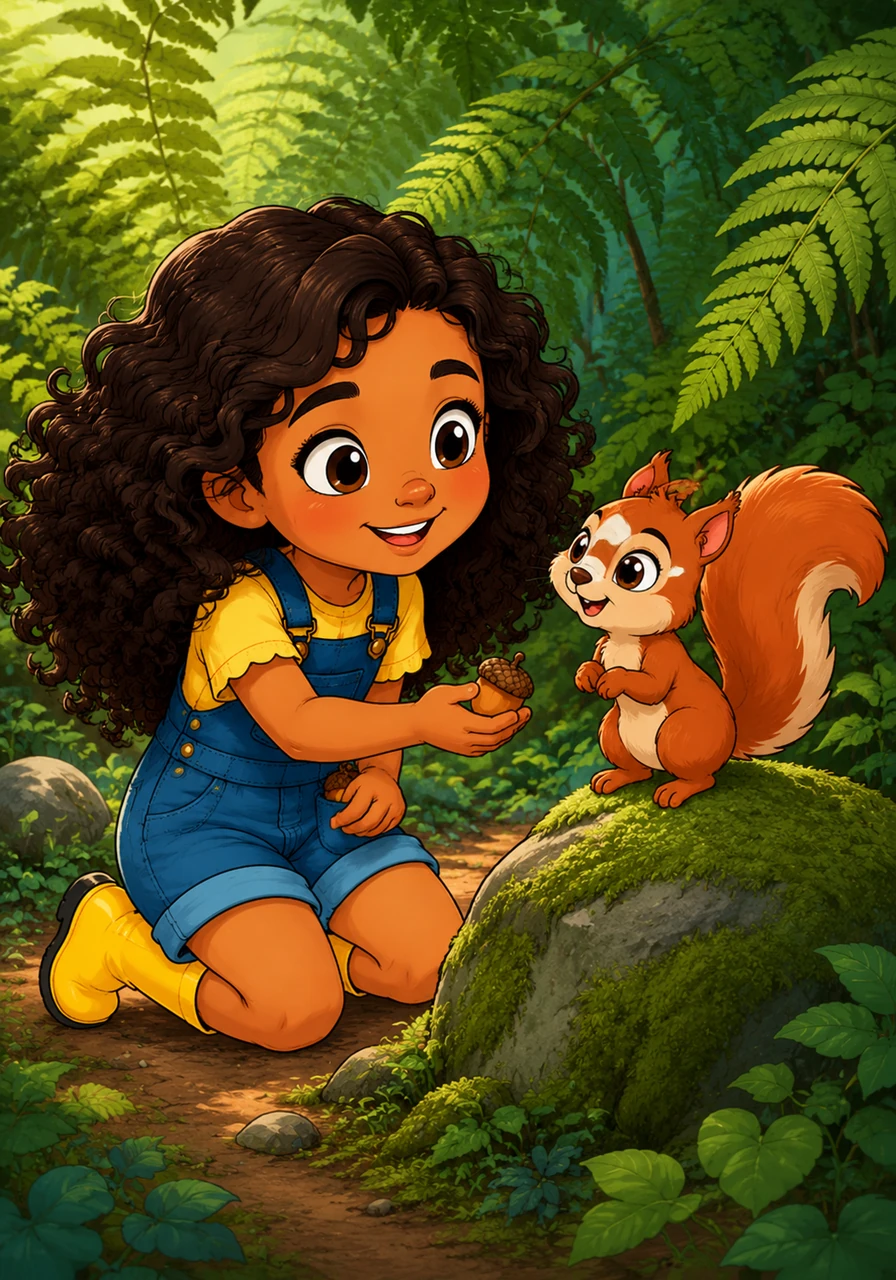 Near a mossy rock, Maria meets a bushy-tailed squirrel who tilts his head curiously at her. She offers him a small acorn from her pocket, and they share a quiet moment of friendship in the cool shade of the tall ferns.