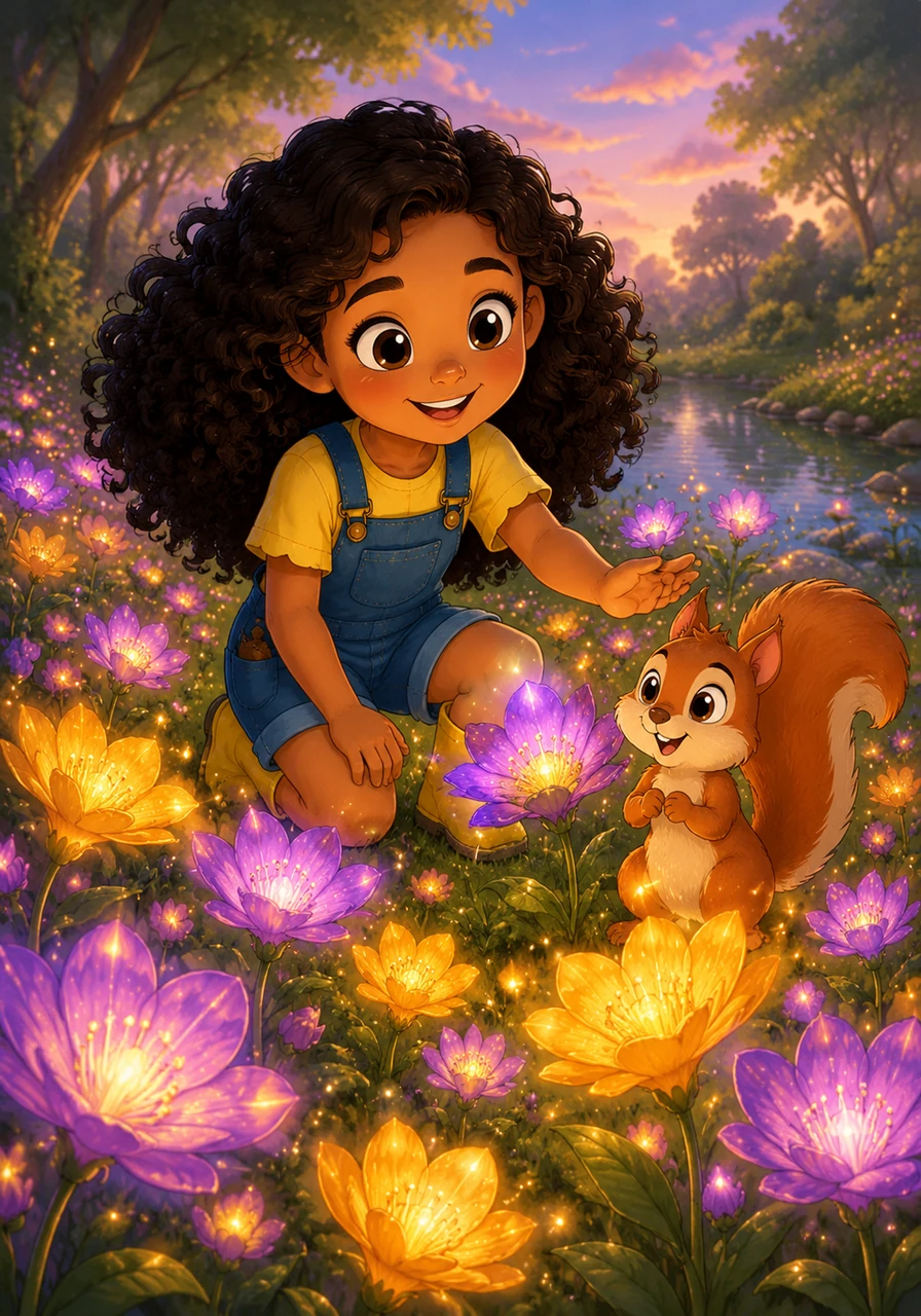 Beyond the pond, Maria discovers a patch of extraordinary wildflowers that seem to glow with their own soft, magical light. The petals are vibrant shades of violet and gold, swaying gently in the breeze as if they are whispering secrets to the wind.