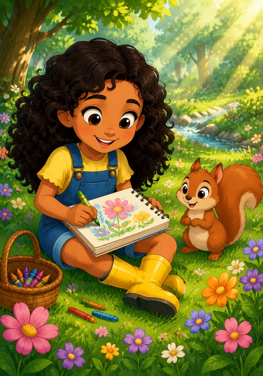 Maria sits down on the soft grass and opens her sketchbook, carefully drawing the beautiful flowers with her favorite crayons. She wants to capture every detail of this magical place so she can remember the feeling of wonder forever.