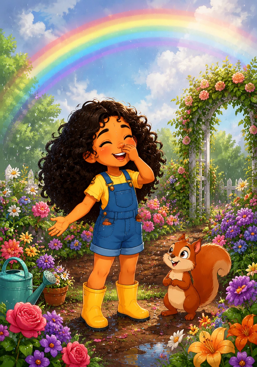 A light sun-shower begins to fall, and a vibrant rainbow stretches across the sky like a colorful bridge over the garden. Maria laughs as the cool droplets tickle her nose, feeling completely at peace in her secret floral sanctuary.