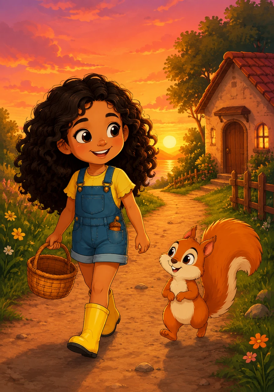 As the sun begins to set, painting the sky in warm hues of orange and pink, Maria makes her way back toward her house. Her basket is still empty, but her heart is full of the wonders and new friends she discovered throughout her day.