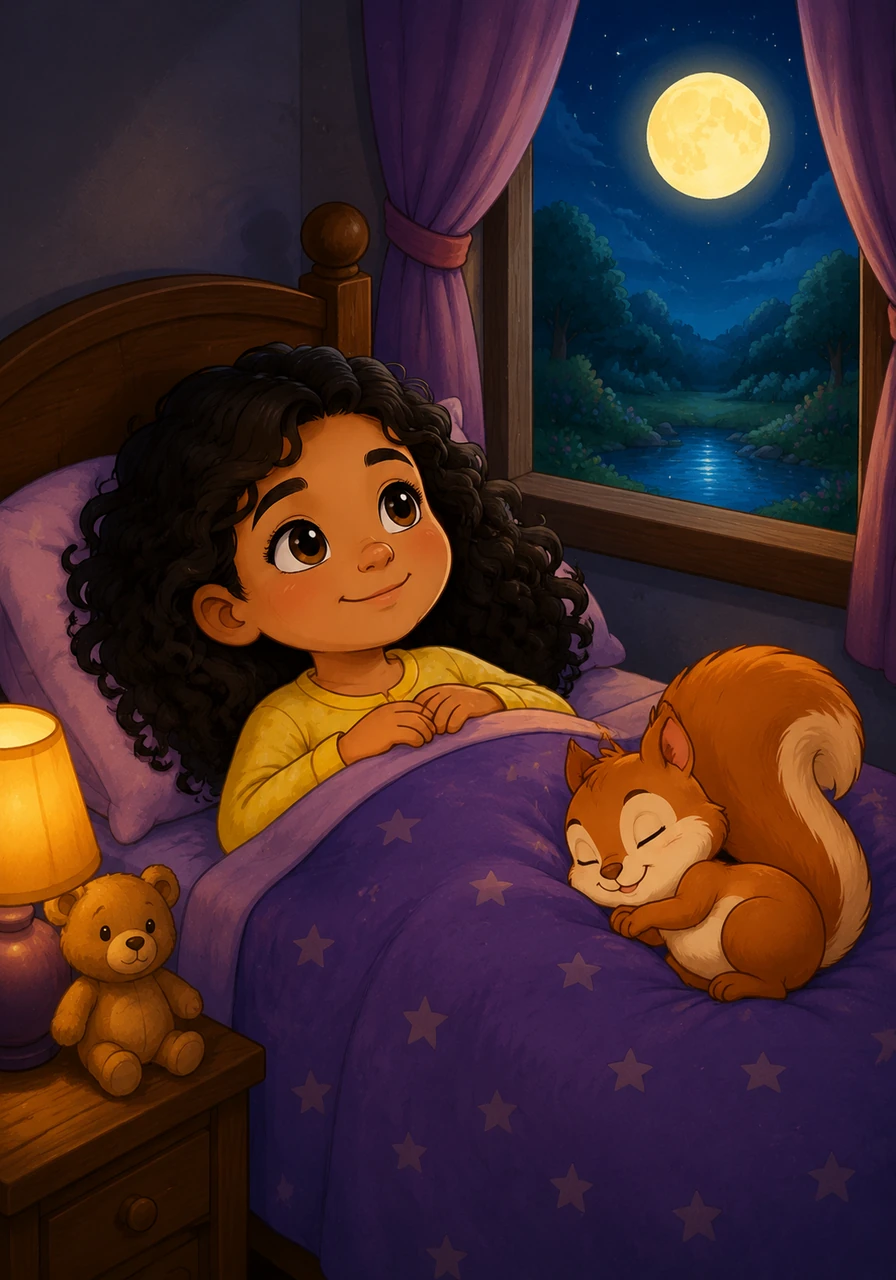 Tucked safely in her warm bed, Maria looks at the glowing moon through her window and smiles at the memory of the hidden pond. She closes her eyes and drifts off to sleep, knowing that another beautiful adventure awaits her tomorrow.