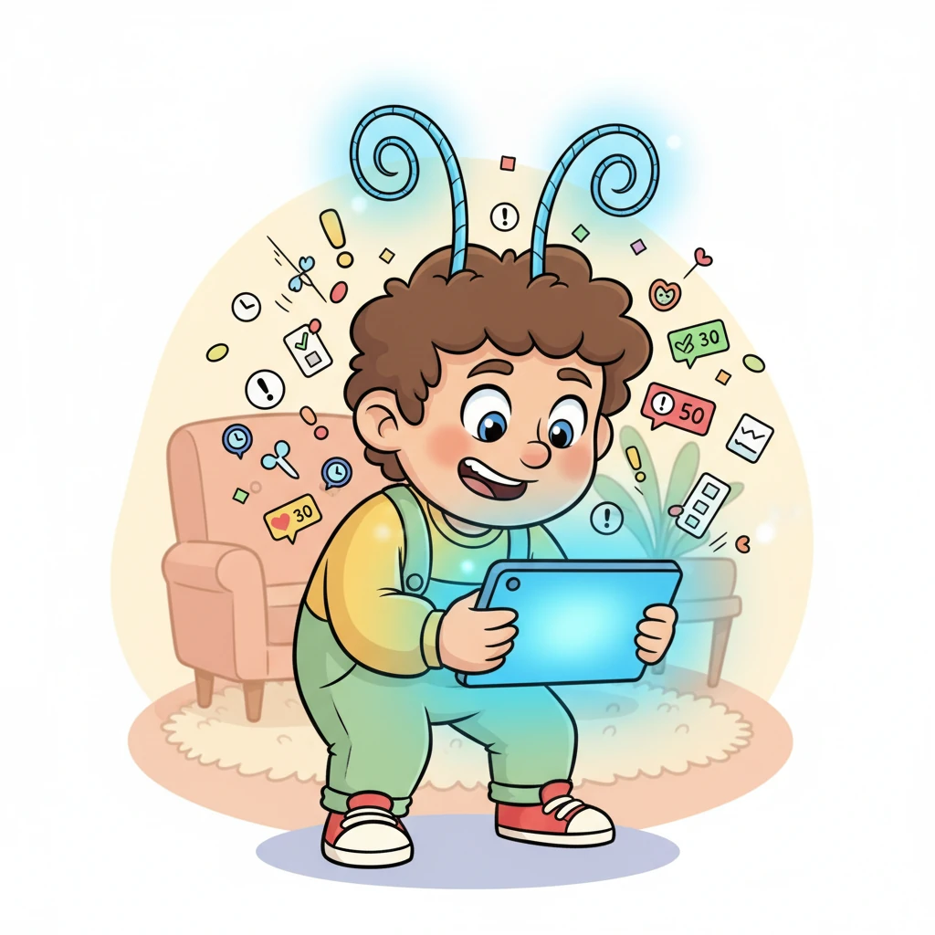 Lumi, a bright-eyed creature with swirly antennae, sat hunched over a glowing screen, a whirlwind of notifications and speedy tasks buzzing around her head like tiny, frantic flies. Her usually cheerful smile was a little stretched, trying to keep up with all the "must-dos" and "streak counts" popping up on her device. Everything felt fast, fast, fast!
