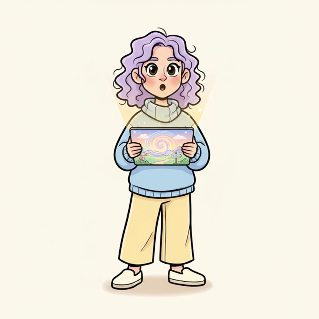 Suddenly, a soft, friendly glow appeared on Lumi's screen, different from the usual bright alerts. It wasn't a demanding "DING!" but a gentle "ding-dong" that felt like a warm hug. A whimsical portal swirled open, revealing a serene, pastel landscape with a tiny, inviting sign: "The Pause Place."