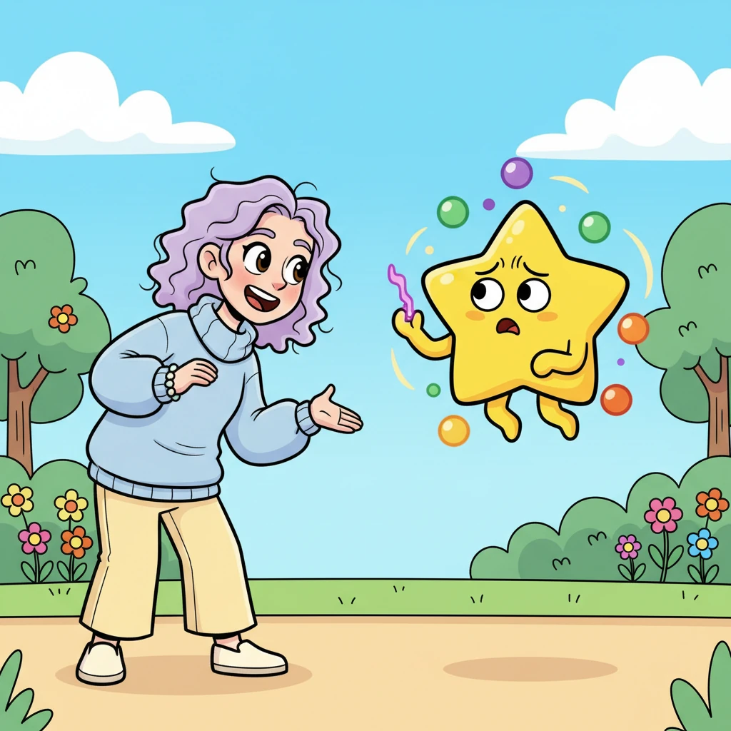One sunny afternoon, Lumi excitedly told her friend, Fizz, a bouncy, star-shaped creature, all about The Pause Place. Fizz, who was always juggling multiple tasks and looked a bit frazzled, listened with wide, skeptical eyes. "Slow down? But what about my super-duper-streak?" Fizz wondered.