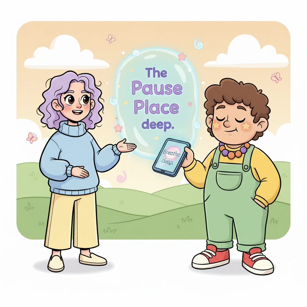 Lumi encouraged Fizz to try it, explaining how peaceful it felt. Fizz, still a little unsure, finally agreed. Together, they opened The Pause Place, and Fizz received their first prompt: "Breathe deep." Fizz took a big, calming breath, their star-points softening slightly.