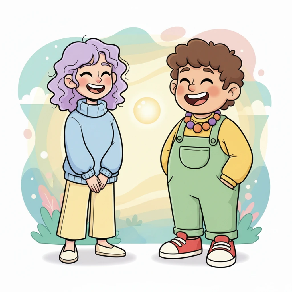 The next prompt for both Lumi and Fizz was: "Share a smile." They looked at each other, their faces breaking into wide, joyful grins. In that moment, surrounded by the gentle glow of The Pause Place, they felt truly connected, not by tasks, but by shared calm and happiness.