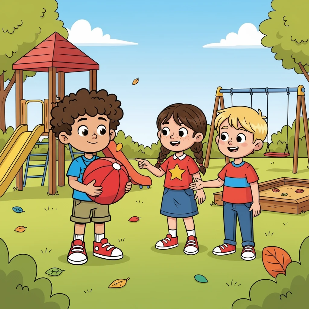 On the playground, Ethan and his friends were playing with a big red ball. Ethan really wanted a turn. He remembered to wait and say, “Your turn, then my turn?” His friends smiled and agreed. Ethan waited, and soon it was his turn to throw the ball.
