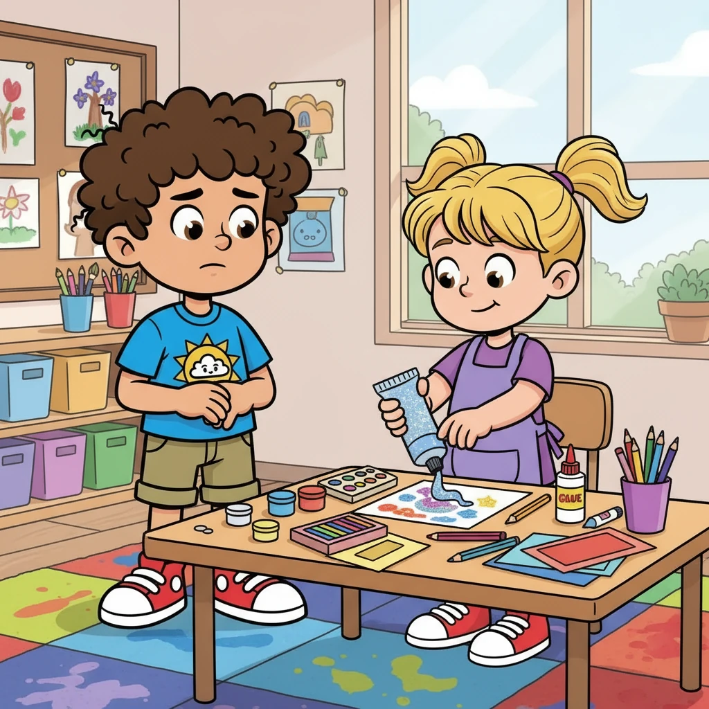 During art time, Ethan wanted to use the sparkly glue, but it was being used by another classmate. Ethan felt a little frustrated, but he remembered to stay calm. He waited patiently, watching his friend. When the glue was free, he got his turn.