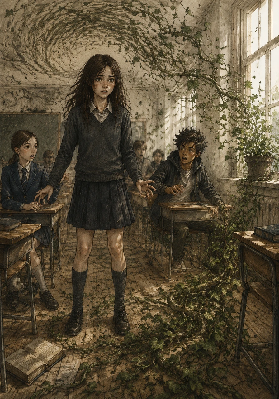 The overwhelming chaos triggered something strange deep inside Evie, causing a sudden, dizzying rush of voices to flood her mind—the soft, panicky whispers of the classroom window plants. To her horror, a potted ivy plant on the windowsill began to stretch rapidly, its vibrant green vines uncurling and creeping across the floorboards toward her desk. Evie stared in shock, realizing she could feel the plant's anxiety, but she had absolutely no idea how to stop the wild growth.