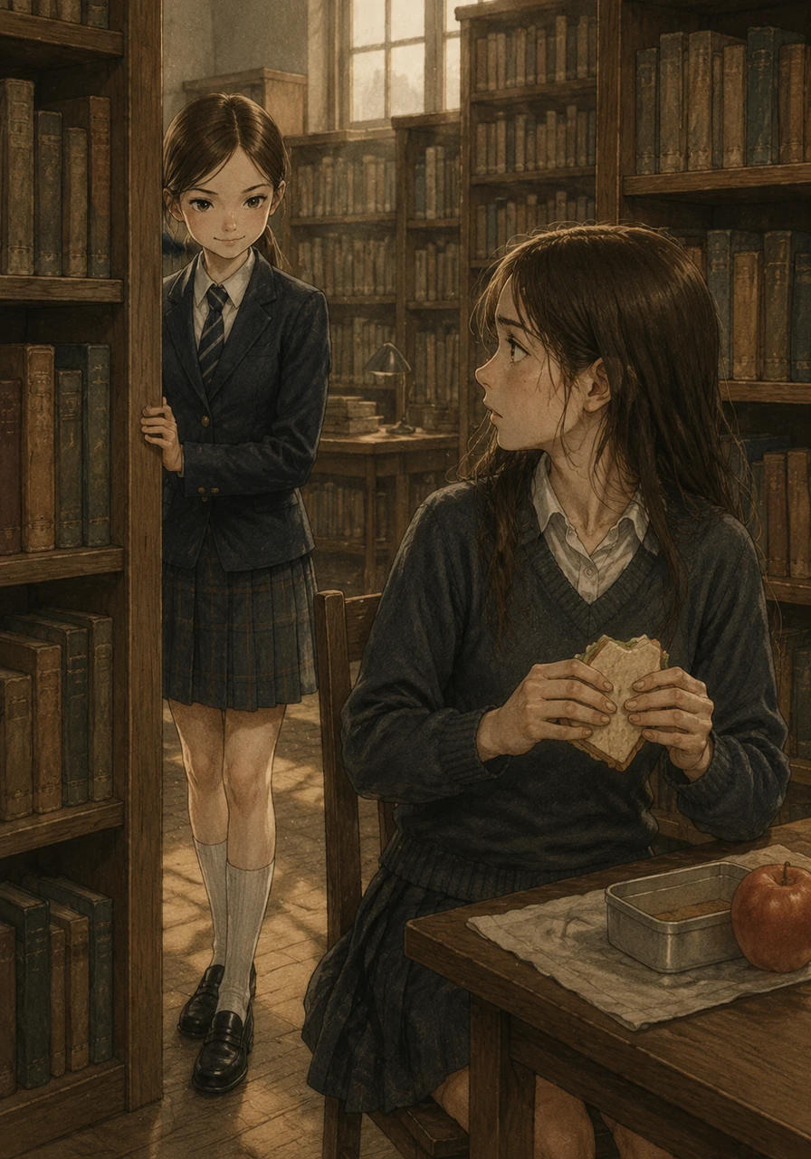 During recess, Evie slipped away to her ultimate sanctuary, the old school library, to secretly eat her lunch amidst the dust motes and comforting scent of old paper. Her peaceful isolation was shattered when Amelia, the impeccably polished class representative and teacher's pet, stepped out from behind a bookshelf with a knowing, frosty smile. Amelia revealed she had witnessed the incident with the vines and threatened to expose Evie's strange anomaly to the teachers unless Evie helped her solve a mystery of her own.