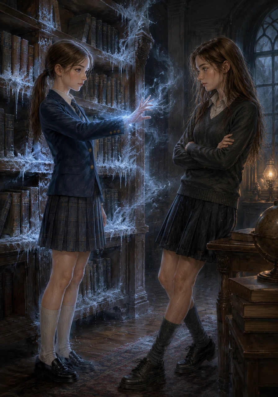 To prove they were in the same boat, Amelia extended her hand, and the air around them instantly dropped to a freezing temperature, frosting the edges of the nearby bookshelf. Amelia confessed that her perfect, kind demeanor was merely a calculated facade to hide her scheming nature and her unstable power to control temperature. Reluctantly intrigued by this shared burden of secrets, Evie agreed to an uneasy alliance, marking the first time she had let someone into her world in years.