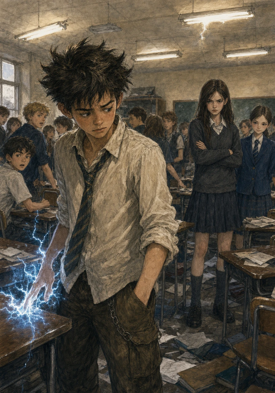 Back in the chaotic classroom, Justin, the boisterous ringleader of Class 7D's daily mischief, accidentally triggered a loud crackle of static electricity from his fingertips, causing the classroom lights to flicker. Evie glared at him, the old bitterness rising in her chest as she remembered a harsh joke he had made years ago after a personal tragedy in her life. Justin caught her icy stare and looked away guiltily, realizing that his past attempt at humor had sparked a long-standing, resentful rivalry.