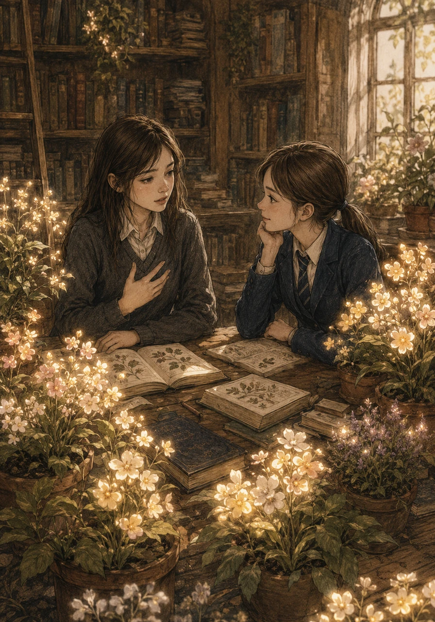 As the weeks passed, Amelia and Evie spent their afternoons studying hidden botanical texts in the library, slowly letting down their heavy guard. Amelia confessed the exhausting pressure she felt to always appear perfect and responsible, terrified that showing any flaw would make her a social outcast. Evie listened with genuine empathy, her plants responding to the emotional breakthrough by blooming into soft, glowing flowers around their study table.