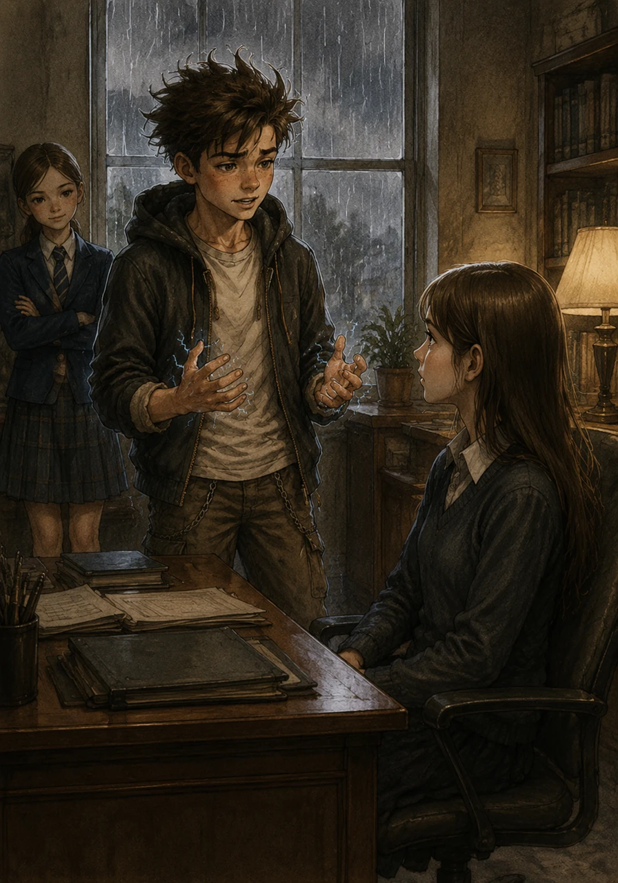 One rainy afternoon, Justin approached Evie's desk without his usual cocky grin, nervously cracking tiny blue sparks between his knuckles as he offered a sincere apology. He explained that his past joke was a foolish, clumsy attempt to lighten the heavy atmosphere after her tragedy, never intending to cause her such deep pain. Realizing how his words could cut just as easily as they could heal, Justin promised to use his humor more wisely, dissolving the bitter rivalry between them.