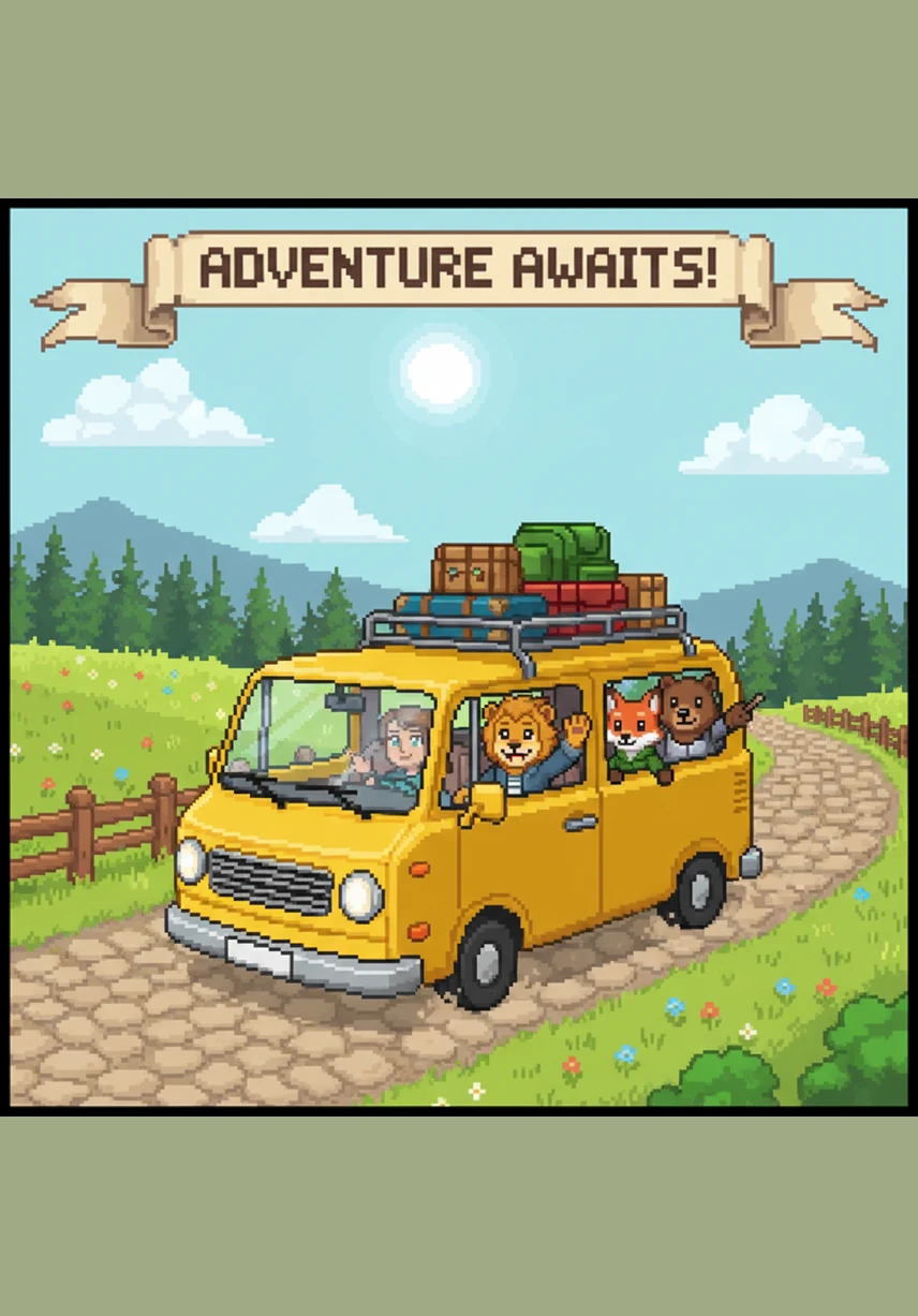 One summer, Leo and his best friends piled into a bright yellow van for a long road trip across the country. They sang songs loudly at the top of their lungs and watched the sunset over fields of golden sunflowers.