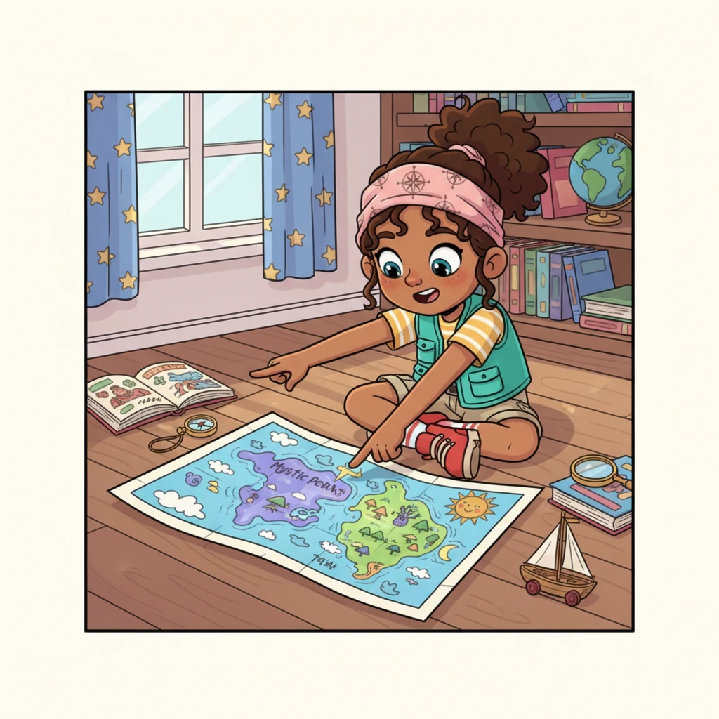 Mariam, a girl with bright, curious eyes and a wild mop of curly hair, sits on her bedroom floor, utterly absorbed in a giant, brightly colored map spread out before her. She points a tiny finger at a swirly, unknown land marked "Mystic Peaks," her imagination already soaring with possibilities. Her room is filled with playful trinkets and books about faraway places, hinting at her adventurous spirit.