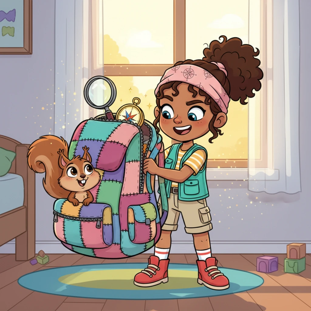 With a determined grin, Mariam zips up her oversized, patchwork backpack, which seems to bulge with everything from a magnifying glass to a sparkly compass. Her loyal, fluffy pet squirrel, Nutmeg, peeks out from a side pocket, looking equally eager for the journey ahead. Sunlight streams through her window, illuminating dust motes dancing in the air, as if cheering her on.