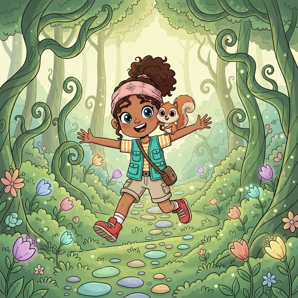 Mariam and Nutmeg step into the Whispering Woods, a forest unlike any other, with trees that have curly branches like green ribbons and flowers that glow in soft, pastel hues. The path beneath their feet is a swirl of vibrant moss and smooth, colorful pebbles. Mariam skips along, her arms outstretched, embracing the freedom of the open world.