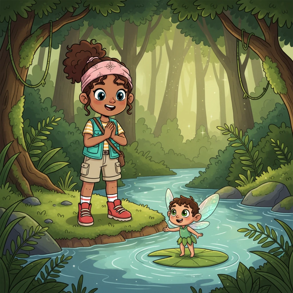 Deep within the woods, they stumble upon a giggling river sprite, small and shimmering, with iridescent wings and eyes like polished emeralds. The sprite, named Pip, bobs playfully on a lily pad, beckoning them forward with a twinkle. Mariam's face lights up with wonder, delighted by this unexpected, magical encounter.