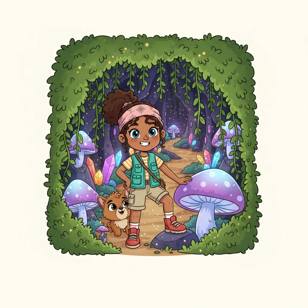 Pip leads Mariam and Nutmeg to a hidden entrance, cleverly disguised by cascading vines and giant, luminous mushrooms. Beyond the vines, a secret path winds into a sparkling cavern, its walls adorned with crystals that reflect every color of the rainbow. The air hums with a gentle, inviting magic, promising further marvels within.