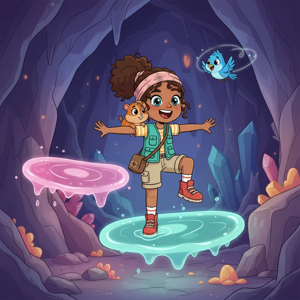 Inside the cavern, they encounter a playful obstacle: a series of bouncy, oversized jelly-like platforms that glow softly. Mariam, with Nutmeg clinging to her shoulder, laughs joyfully as she springs from one wobbly platform to another, her movements exaggerated and full of cartoonish energy. Pip zips ahead, guiding them with delighted chirps.