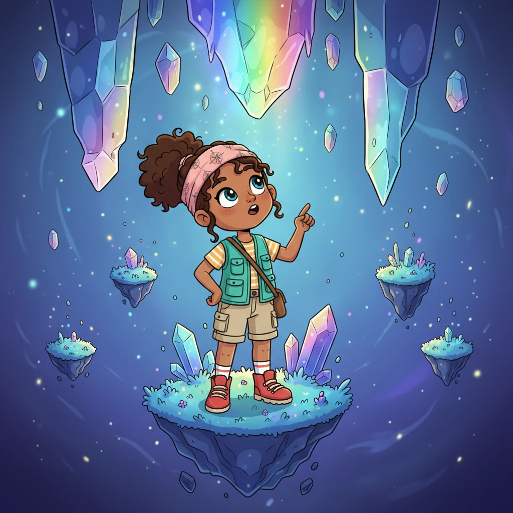 After navigating the bouncy platforms, they emerge into the "Crystal Canopy," a breathtaking chamber where colossal, jagged crystals pierce the ceiling, catching and refracting light into a dazzling display. Floating islands of luminous flora drift gently, creating a truly ethereal landscape. Mariam gazes up, completely mesmerized by the sheer beauty.
