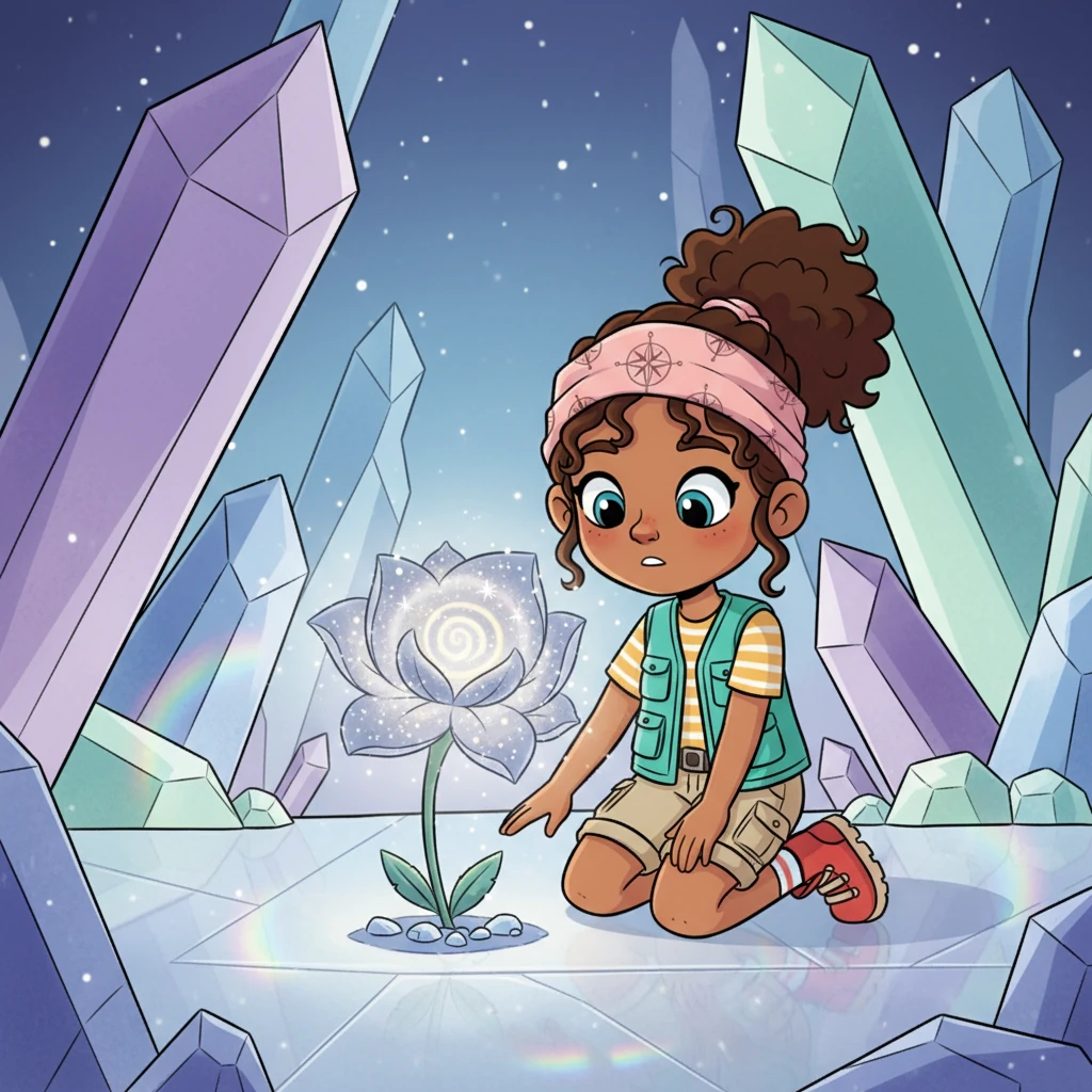 At the heart of the Crystal Canopy, they discover not gold, but a single, magnificent "Starlight Bloom," a flower that pulses with gentle, silvery light. Its petals unfurl like tiny galaxies, sparkling with cosmic dust. Mariam carefully kneels, her expression a mix of awe and deep respect for this natural wonder.