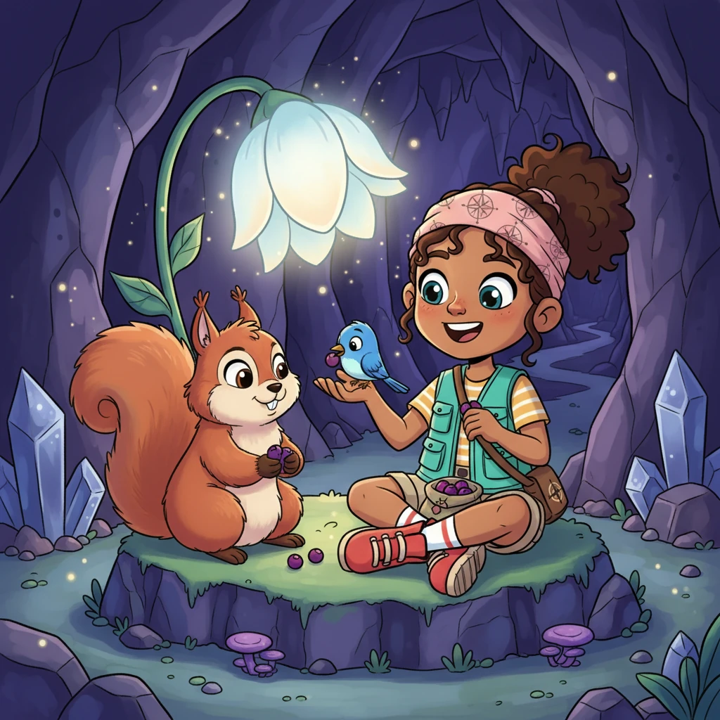 Mariam, Nutmeg, and Pip sit together, sharing a snack of berries by the Starlight Bloom, their faces glowing with shared accomplishment and newfound friendship. Laughter echoes softly through the chamber as they recount their journey, feeling a warm connection in this magical place. It's a moment of quiet joy and contentedness.
