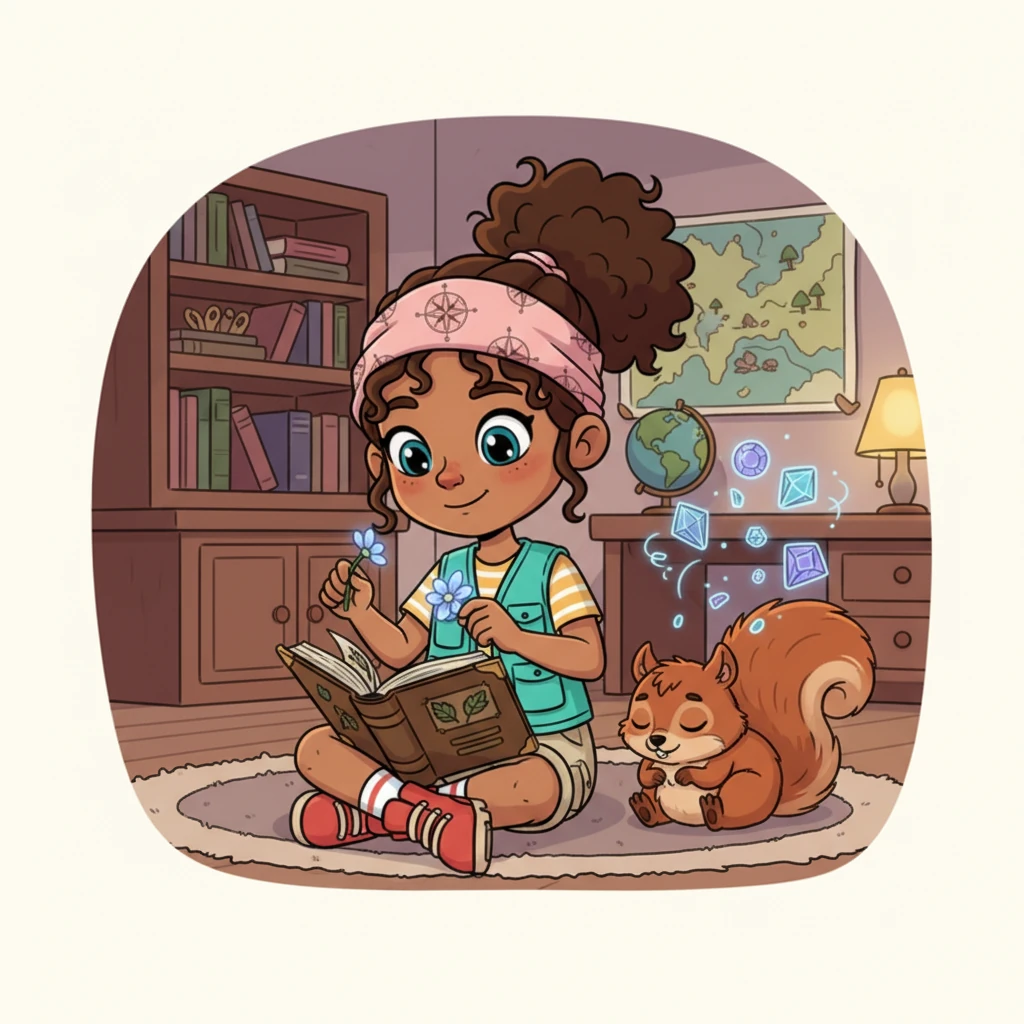 Back in her bedroom, Mariam gently places a small, pressed Starlight Bloom petal into her adventure journal, its faint glow a reminder of her journey. Nutmeg naps soundly beside her, dreaming of crystal caverns. Mariam smiles, her heart full, knowing that every map holds a new adventure waiting to be discovered, and she's ready for the next one.