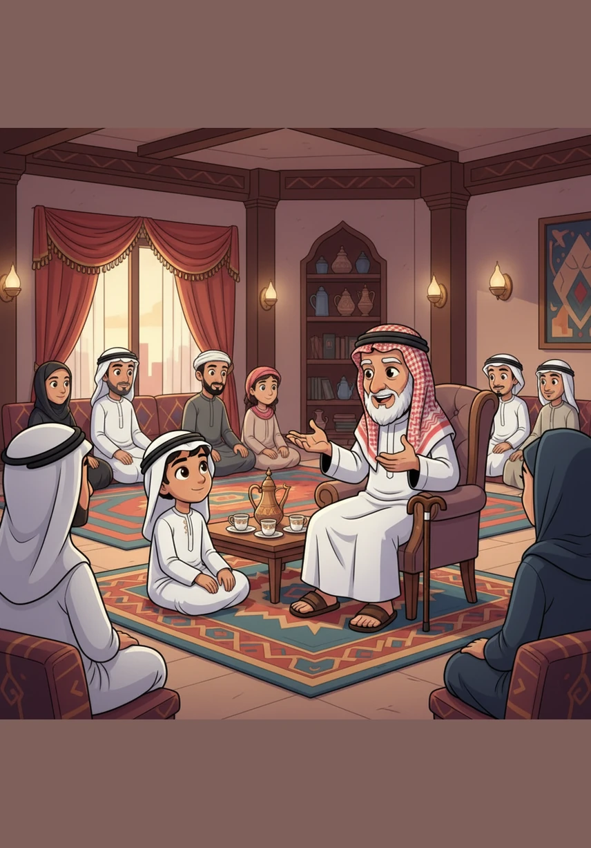 يجلس حمد في المجلس التقليدي الفسيح بجانب جده الذي يرتدي الكندورة البيضاء والحمدانية الأنيقة. يستمع حمد بانتباه شديد لقصص الجد المشوقة عن الماضي الجميل وتاريخ الأجداد العريق. الغرفة تفوح برائحة البخور والعود الأصيل التي تملأ المكان دفئاً وطمأنينة.