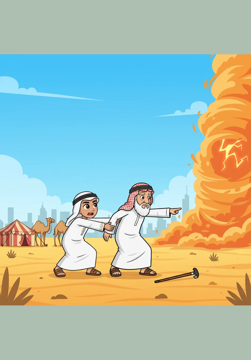 يخرج حمد مع جده إلى الصحراء الشاسعة حيث الرمال الذهبية تمتد حتى الأفق تحت سماء زرقاء صافية. يشاهد صقاراً ماهراً يحمل صقراً قوياً ببرقع مزخرف على يده المغطاة بالمنقله الجلدية. يطير الصقر في السماء بجناحين عريضين، مما يثير إعجاب حمد بشجاعة هذا الطائر النبيل.