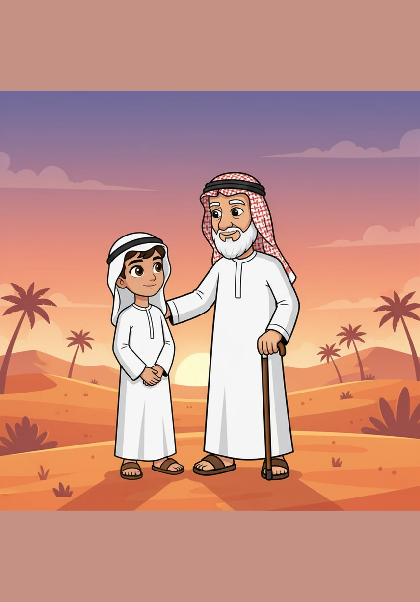 تسير قافلة من الجمال ببطء وهدوء فوق الكثبان الرملية العالية في وقت الغروب الساحر. تنعكس أشعة الشمس البرتقالية الدافئة على الرمال، مما يخلق لوحة فنية طبيعية تسحر الألباب. يشعر حمد بعظمة الصحراء وسكينة المكان وهو يراقب سفن الصحراء في رحلتها.