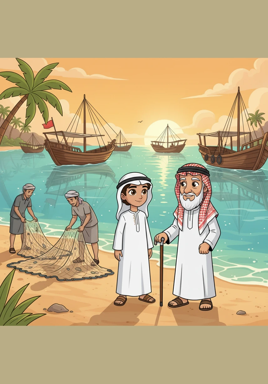 ينتقل حمد إلى شاطئ البحر حيث ترسو السفن الخشبية التقليدية الكبيرة المعروفة باسم البوم. يرى الصيادين وهم يجهزون شباكهم للصيد بجد ونشاط في مياه الخليج المتلألئة. تتمايل السفن مع موج البحر الهادئ، حاملة معها حكايات الرزق والصبر والكفاح.