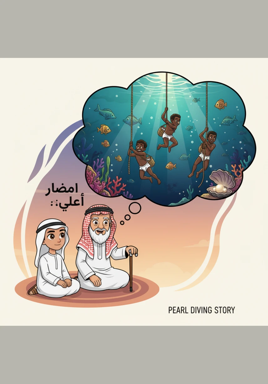 يتخيل حمد رحلات الغوص الشاقة بحثاً عن اللؤلؤ في أعماق البحار كما رواها له جده. يرى في خياله غواصاً شجاعاً يجمع المحار من القاع الصخري، باحثاً عن لؤلؤة الدانة الثمينة والفريدة. البحر مليء بالأسماك الملونة والشعاب المرجانية الجميلة التي تزين عالم الأعماق.