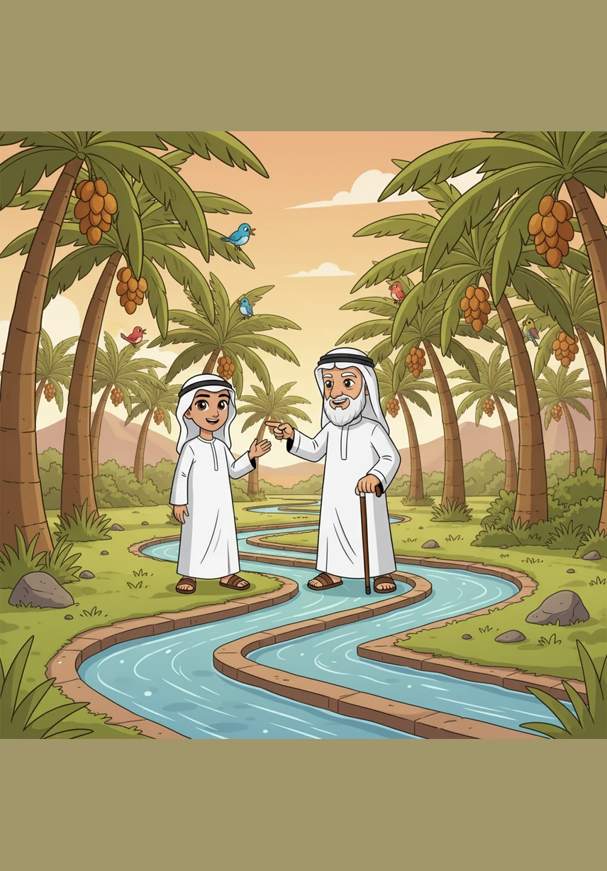 يزور حمد واحة خضراء وارفة الظلال في مدينة العين، حيث تتمايل أشجار النخيل المحملة بعذوق الرطب الشهي. يشاهد نظام الأفلاج القديم وهو يروي الأرض العطشى بالماء العذب الجاري في قنوات هندسية دقيقة. المكان يعج بالحياة وصوت العصافير المغردة التي تجد مأواها بين السعف الأخضر.