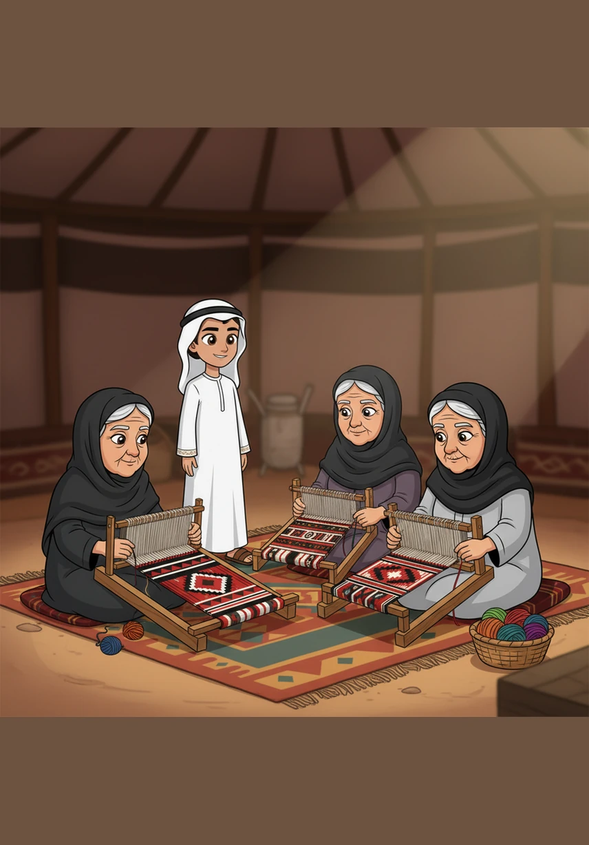 يشاهد حمد مجموعة من الجدات وهن يمارسن حرفة السدو التقليدية بمهارة وفن لا مثيل له. تتشابك الخيوط الملونة لتصنع أنماطاً هندسية رائعة تعبر عن هوية أهل البادية وجمال ذوقهم. الألوان الزاهية من الأحمر والأسود والأبيض تضفي حيوية على المنسوجات اليدوية الجميلة.