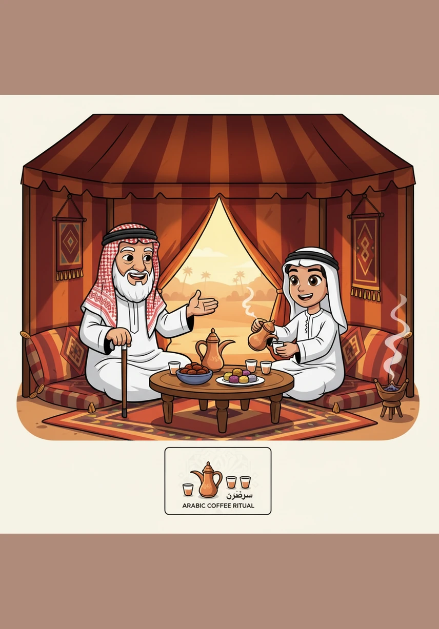 تفوح رائحة القهوة العربية الممزوجة بالهيل والزعفران في أرجاء الخيمة التقليدية المنصوبة وسط الرمال. يقدم الجد القهوة في الفناجين الصغيرة مع التمور الفاخرة كرمز أصيل للكرم والضيافة الإماراتية. يجلس الجميع في ألفة ومحبة حول الدلة النحاسية اللامعة التي ترمز للترحيب بالضيف.