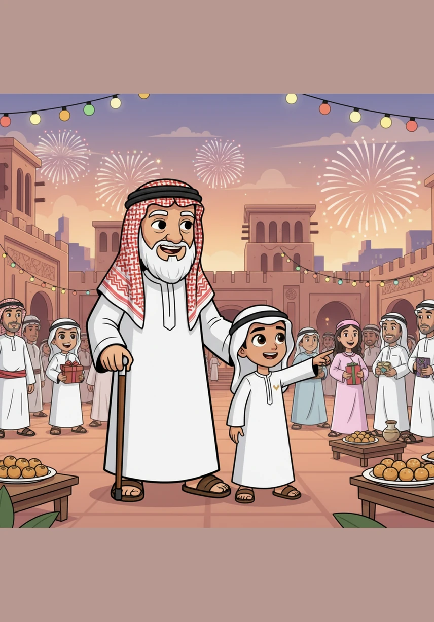 يشاهد حمد رقصة العيالة الشعبية في احتفال كبير، حيث يصطف الرجال في صفين متقابلين وهم يحملون عصي الخيزران الرفيعة. يتمايلون بانسجام وقوة على أنغام الطبول والأهازيج التراثية الحماسية التي تملأ الجو فخراً. تعبر هذه الرقصة عن الشجاعة والترابط الوثيق بين أبناء الوطن الواحد.