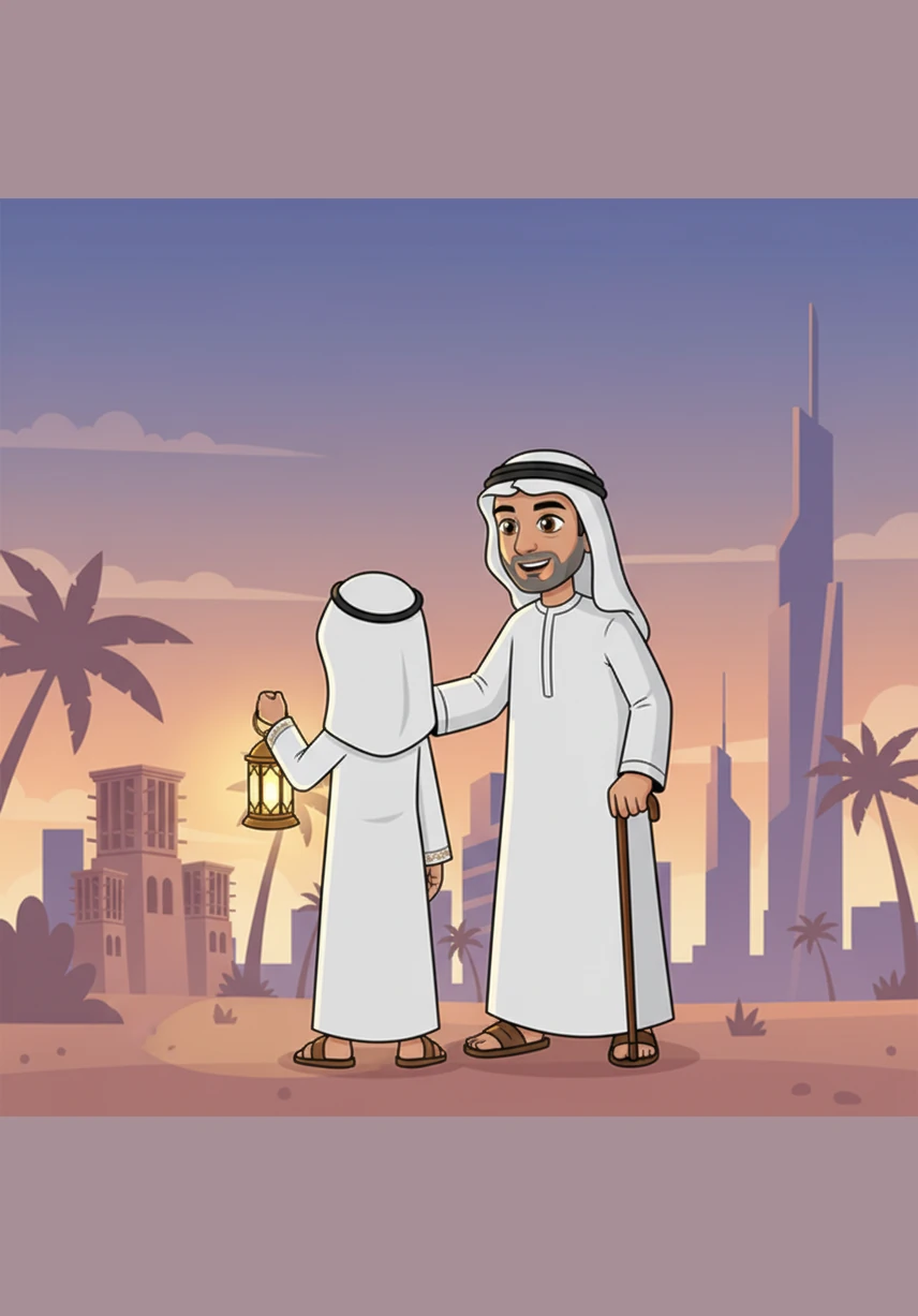 يقف حمد في نهاية يومه أمام مشهد يجمع بين عراقة الماضي وإشراقة الحاضر، ناظراً إلى الأبراج الحديثة في الأفق. يحمل في يده فانوساً قديماً يضيء دربه، معاهداً نفسه على الحفاظ على تراث أجداده الغالي. تشرق شمس الأمل على مستقبل مشرق يفتخر بجذوره العميقة وهويته الإماراتية الأصيلة.