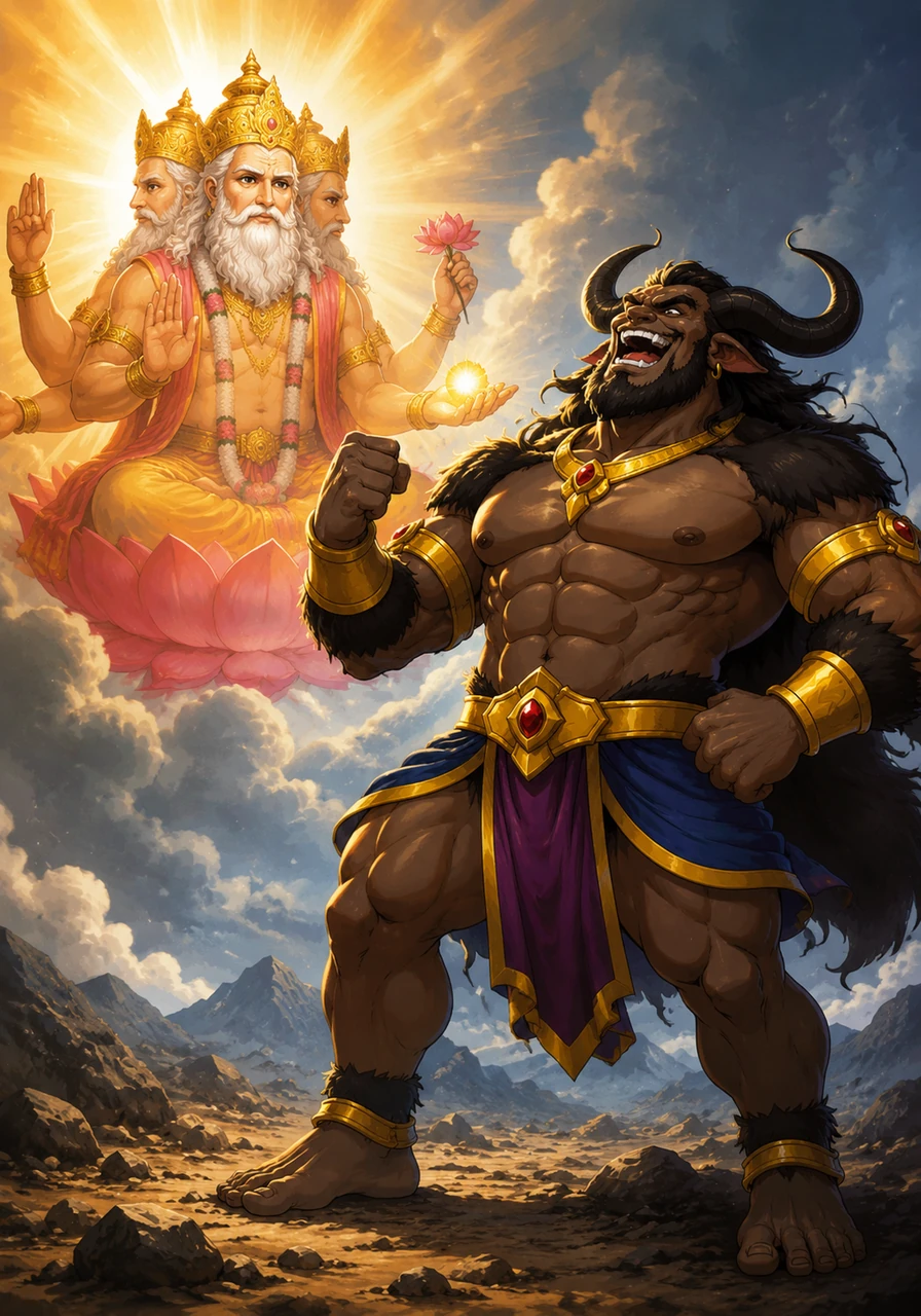 हजारों वर्षों की कठोर तपस्या के बाद ब्रह्मा जी प्रकट हुए और महिषासुर को वरदान दिया कि कोई भी पुरुष, देवता या मनुष्य उसे नहीं मार पाएगा। वरदान मिलते ही महिषासुर अहंकार से भर गया और खुद को अजेय समझने लगा।
