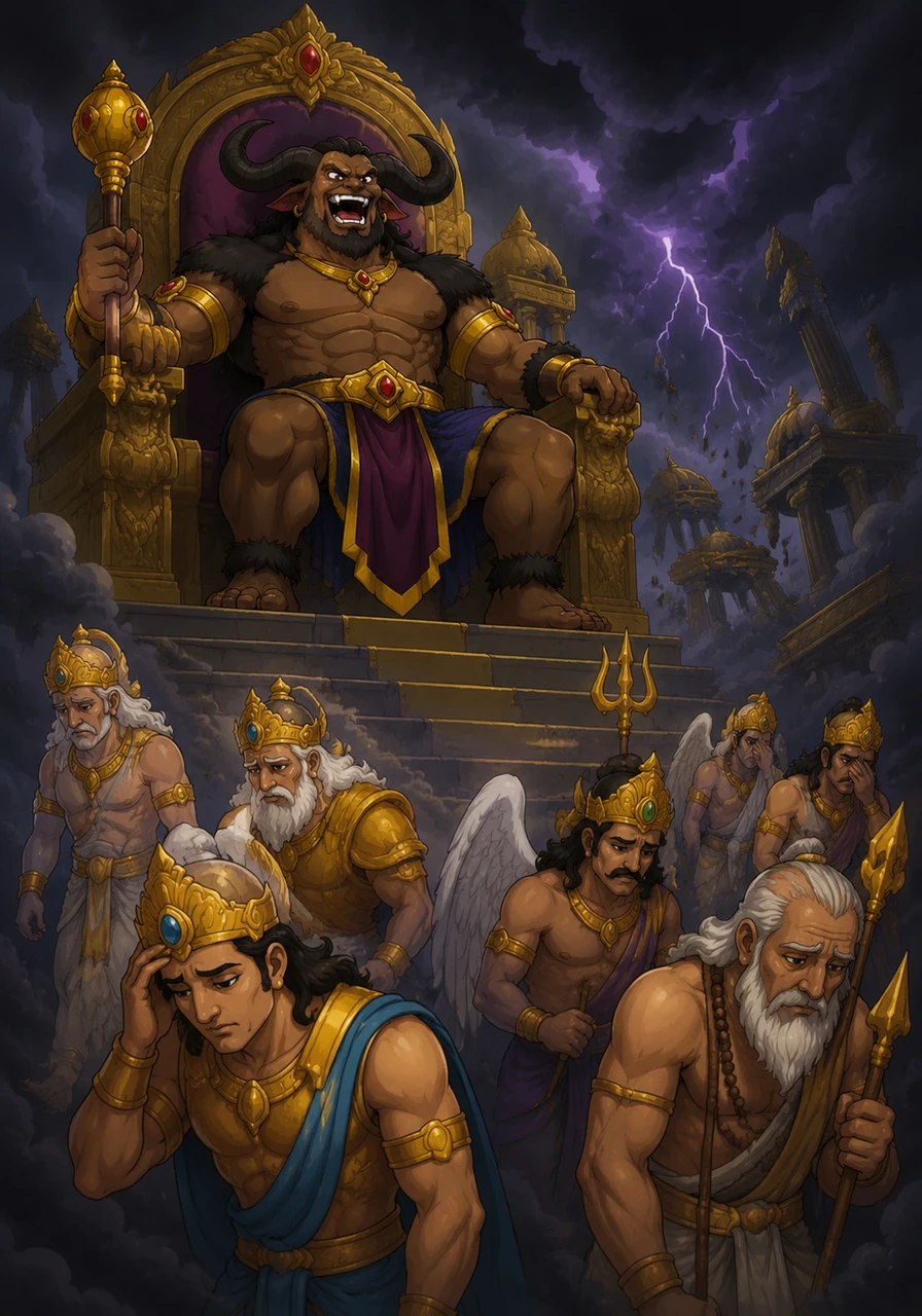अहंकारी महिषासुर ने इंद्र का सिंहासन छीन लिया और सभी देवताओं को अपमानित करके स्वर्ग से बाहर निकाल दिया। पूरे ब्रह्मांड में अंधकार छा गया और धर्म का अस्तित्व गहरे संकट में पड़ गया।