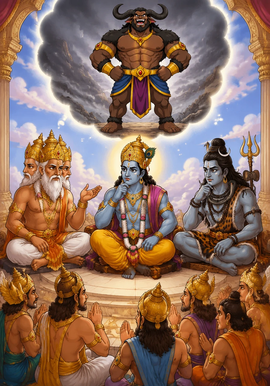 असहाय देवता ब्रह्मा जी के पास पहुँचे, जो उन्हें लेकर भगवान विष्णु और भगवान शिव की शरण में गए। तीनों देवों ने विचार किया कि महिषासुर के वरदान के अनुसार केवल एक स्त्री ही उसका अंत कर सकती है।