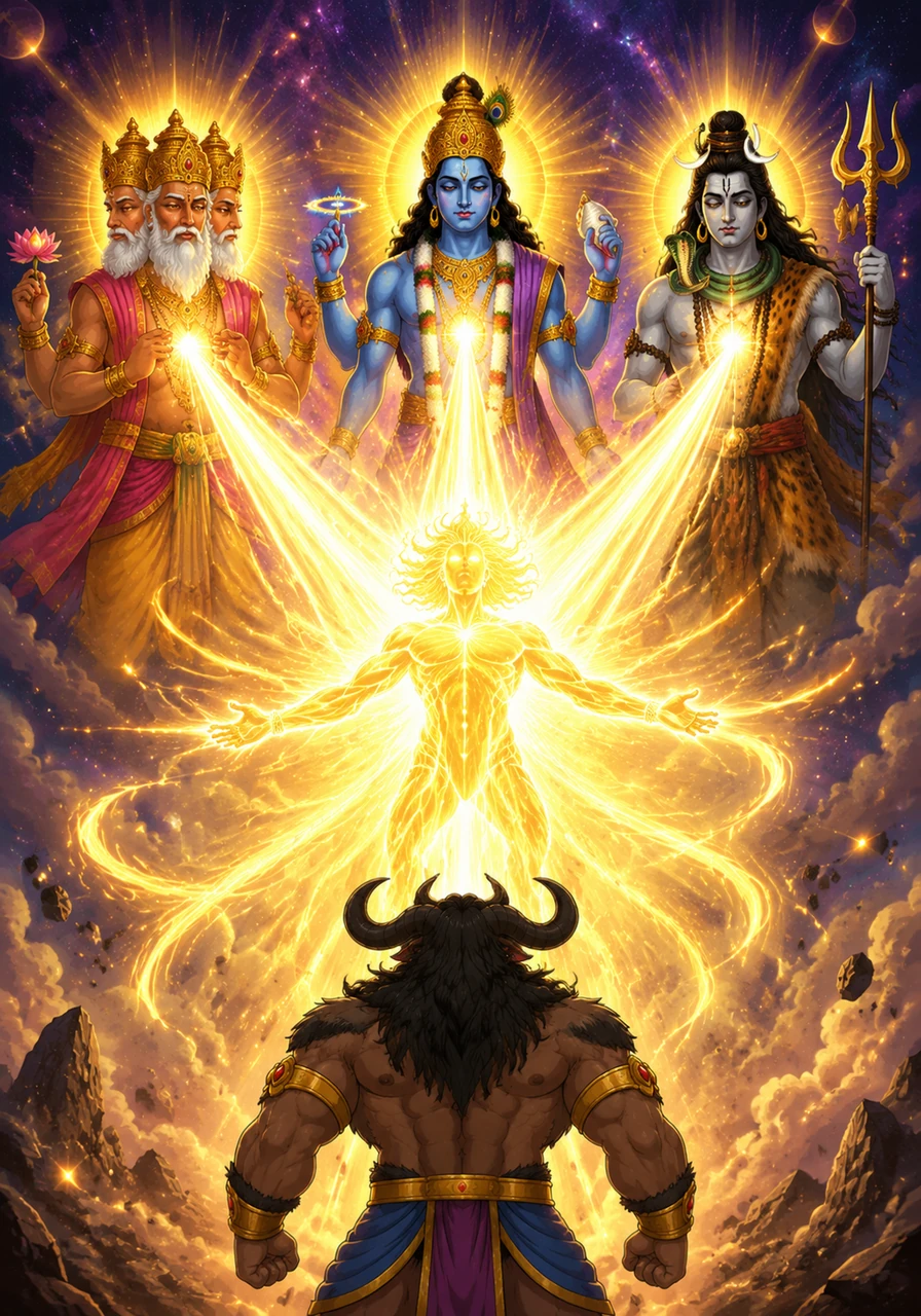 तभी ब्रह्मा, विष्णु और शिव के शरीर से एक दिव्य और अत्यंत तेजस्वी प्रकाश पुंज बाहर निकला। इस दिव्य प्रकाश ने पूरे ब्रह्मांड को अपनी चमक से रोशन कर दिया और एक महान शक्ति का रूप लेने लगा।
