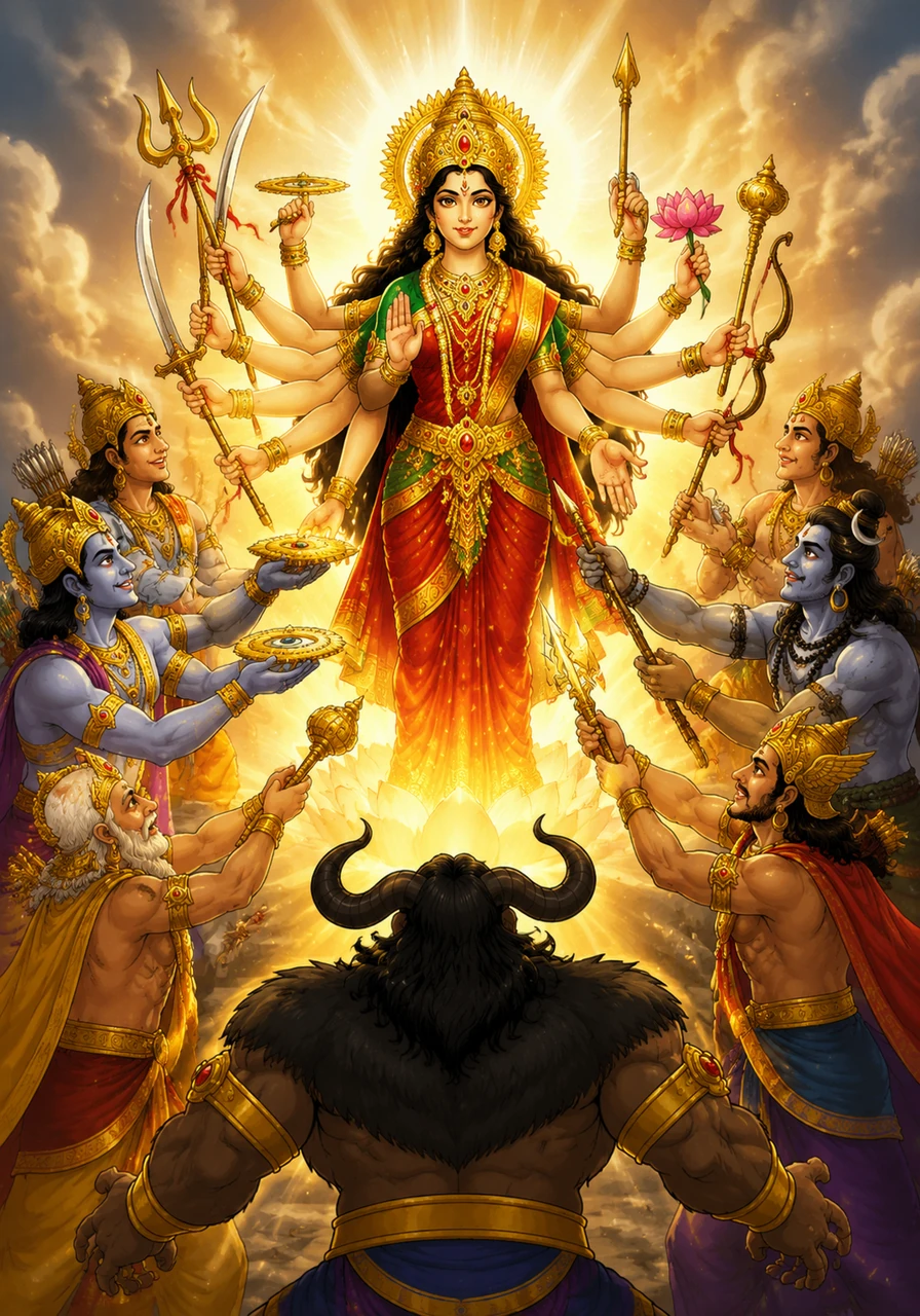 उस महान ज्योति पुंज से दस भुजाओं वाली तेजस्वी माँ दुर्गा प्रकट हुईं, जिनके चेहरे पर दिव्य तेज और आँखों में करुणा थी। देवताओं ने हर्षित होकर उन्हें अपने सबसे शक्तिशाली अस्त्र-शस्त्र जैसे त्रिशूल, सुदर्शन चक्र और वज्र भेंट किए।