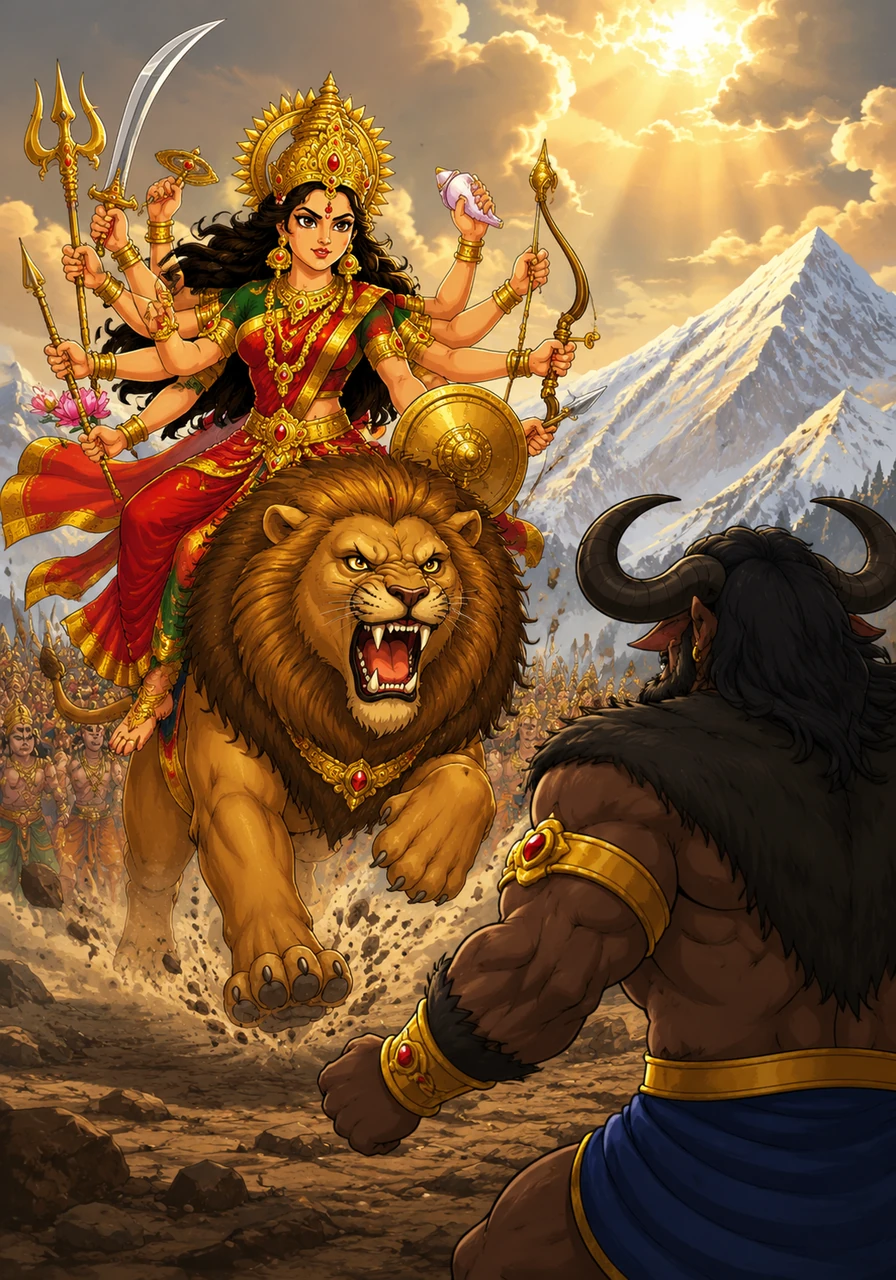 हिमालय राज ने माँ दुर्गा को सवारी के लिए एक विशाल और पराक्रमी सिंह प्रदान किया। माँ दुर्गा अपने दसों हाथों में शस्त्र सजाकर और सिंह पर सवार होकर महिषासुर के विनाश के लिए युद्ध भूमि की ओर प्रस्थान कर गईं।